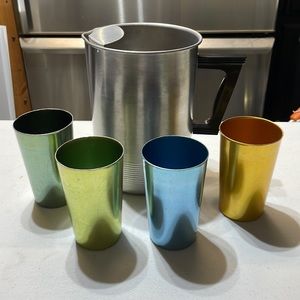 Vintage aluminum pitcher and 4 cups